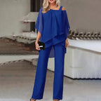 Conjunto feminino dois peças off-shoulder com calça ajustada em cores vibrantes