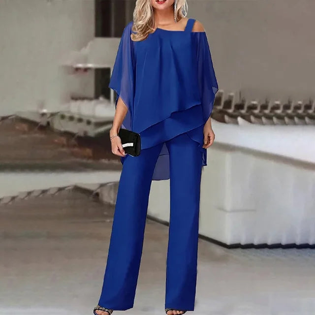 Conjunto feminino dois peças off-shoulder com calça ajustada em cores vibrantes