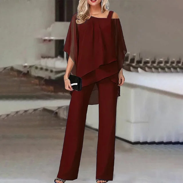 Conjunto feminino dois peças off-shoulder com calça ajustada em cores vibrantes