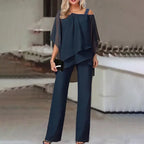 Conjunto feminino dois peças off-shoulder com calça ajustada em cores vibrantes