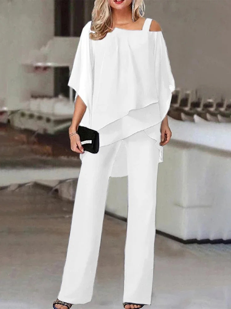 Conjunto feminino dois peças off-shoulder com calça ajustada em cores vibrantes