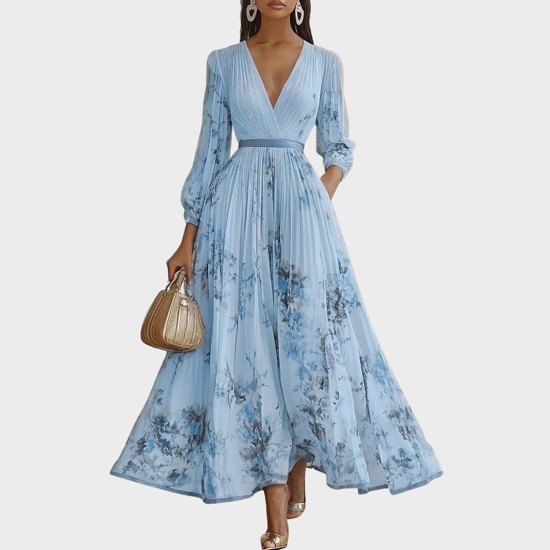 Vestido maxi floral manga longa decote V plissado com laço na cintura feminino