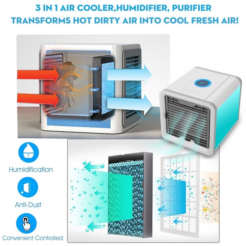 Ar condicionado portátil 3 em 1 com humidificador e purificador, USB, reservatório 500ml