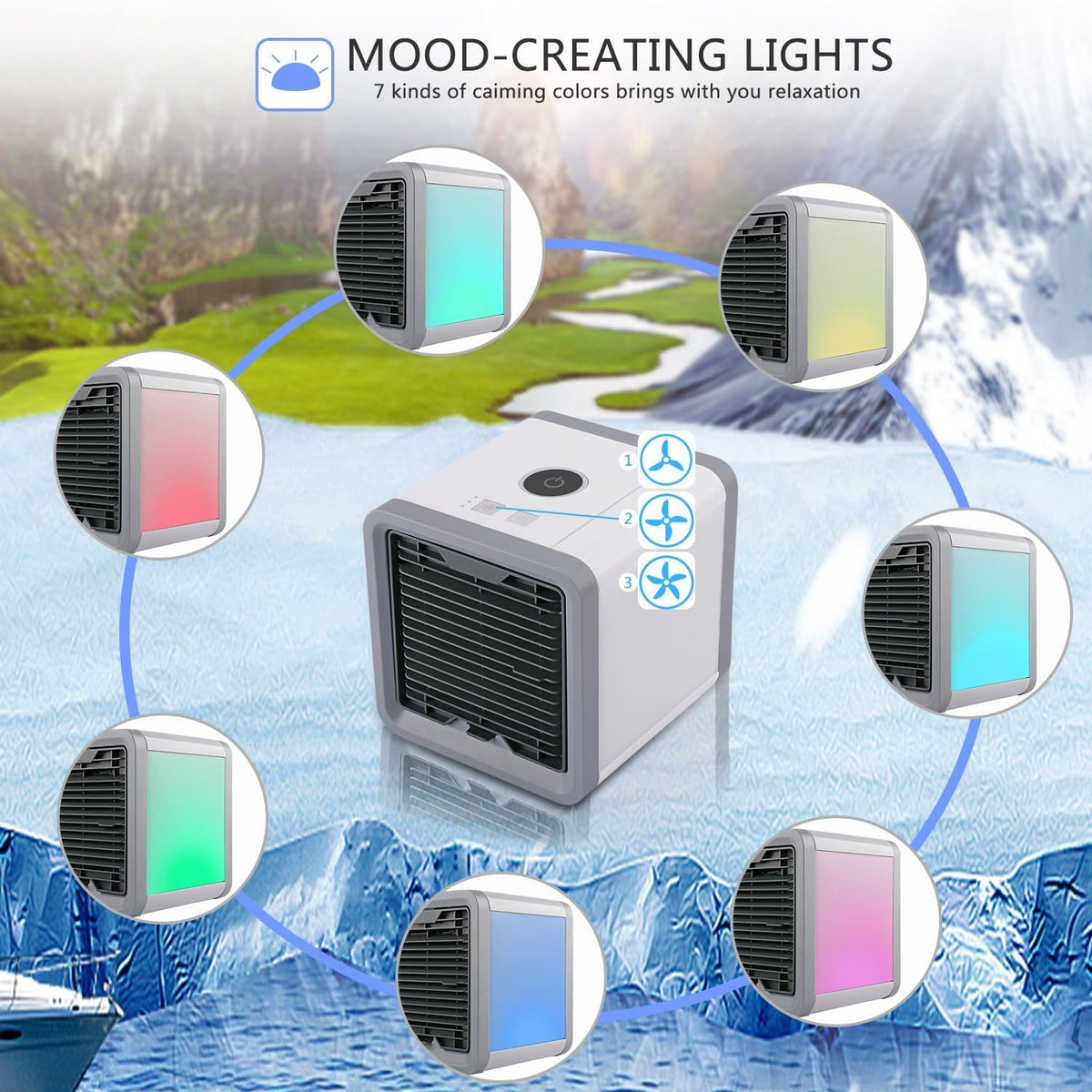 Ar condicionado portátil 3 em 1 com humidificador e purificador, USB, reservatório 500ml