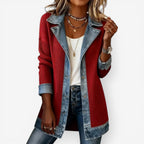 Casaco feminino malha canelada com recortes jeans no colar punhos e bainha estilo colorblock