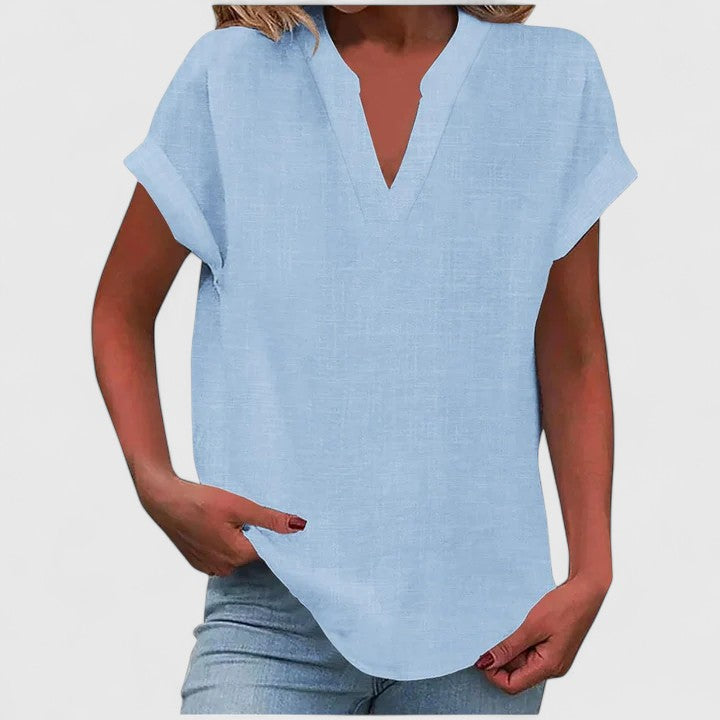 Blusa feminina manga curta decote V corte direito cores lisas