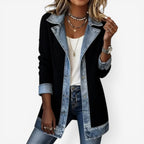 Casaco feminino malha canelada com recortes jeans no colar punhos e bainha estilo colorblock