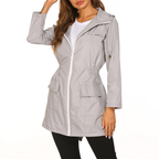 Casaco de chuva feminino com capuz integrado e fecho zip comprimento médio