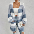 Cardigan oversized mulher listrado azul e branco manga longa frente aberta