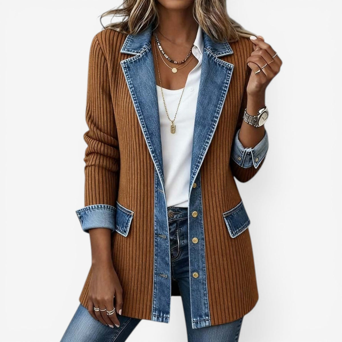 Casaco feminino malha canelada com recortes jeans no colar punhos e bainha estilo colorblock