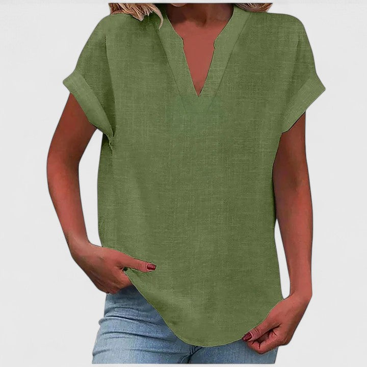 Blusa feminina manga curta decote V corte direito cores lisas