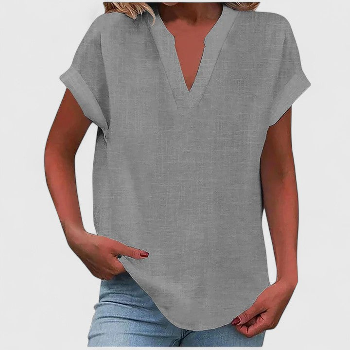 Blusa feminina manga curta decote V corte direito cores lisas