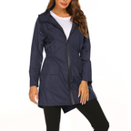 Casaco de chuva feminino com capuz integrado e fecho zip comprimento médio