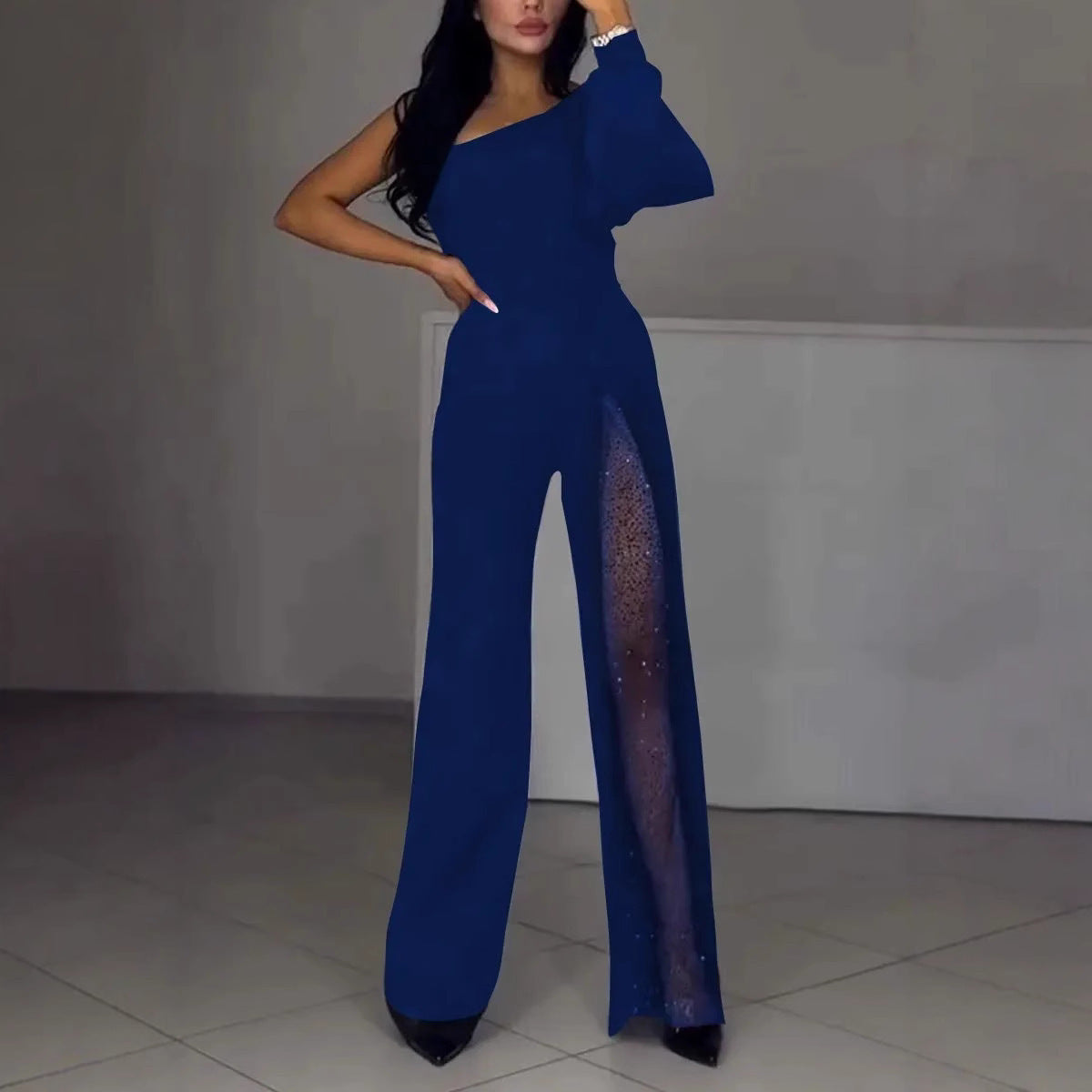 Macacão feminino de ombro único com painel de lantejoulas e perna larga, design assimétrico elegante