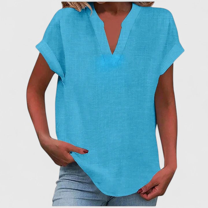 Blusa feminina manga curta decote V corte direito cores lisas