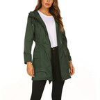 Casaco de chuva feminino com capuz integrado e fecho zip comprimento médio