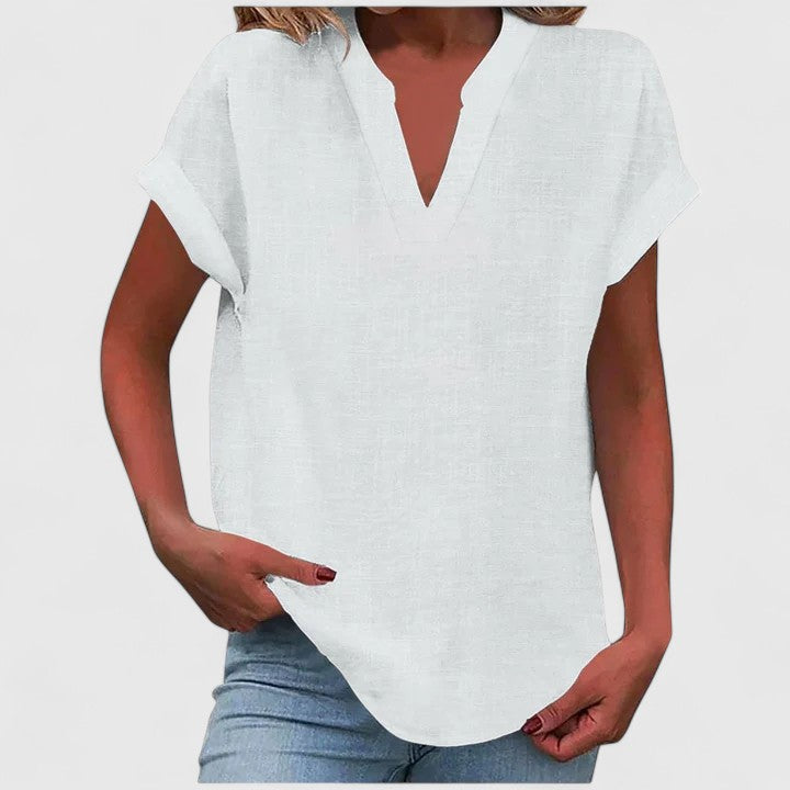 Blusa feminina manga curta decote V corte direito cores lisas