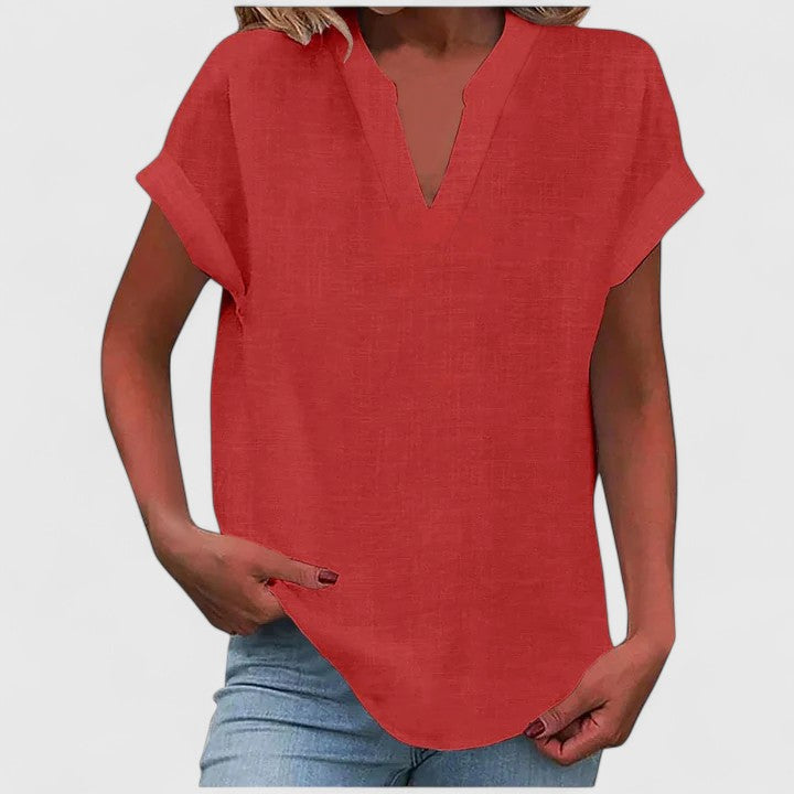 Blusa feminina manga curta decote V corte direito cores lisas