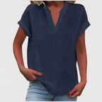 Blusa feminina manga curta decote V corte direito cores lisas