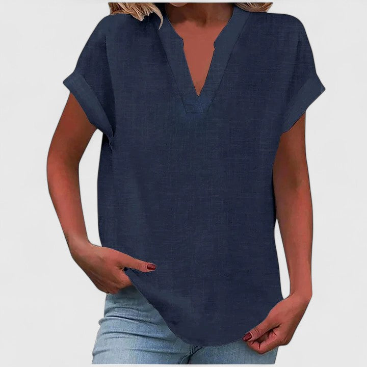 Blusa feminina manga curta decote V corte direito cores lisas