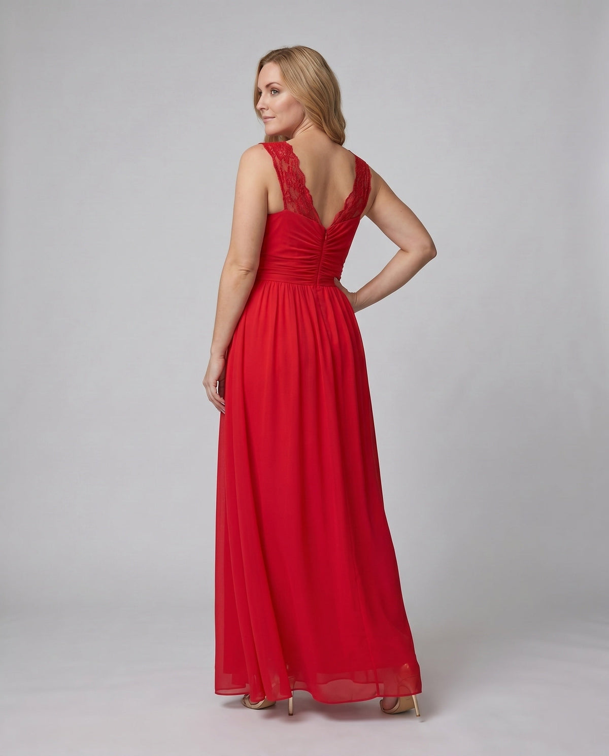 Vestido de noite feminino decote V longo com fenda lateral e pormenor de renda