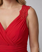 Vestido de noite feminino decote V longo com fenda lateral e pormenor de renda