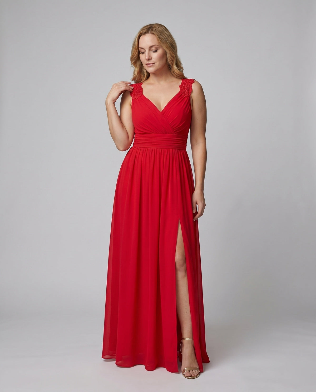Vestido de noite feminino decote V longo com fenda lateral e pormenor de renda