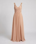 Vestido de noite feminino decote V longo com fenda lateral e pormenor de renda
