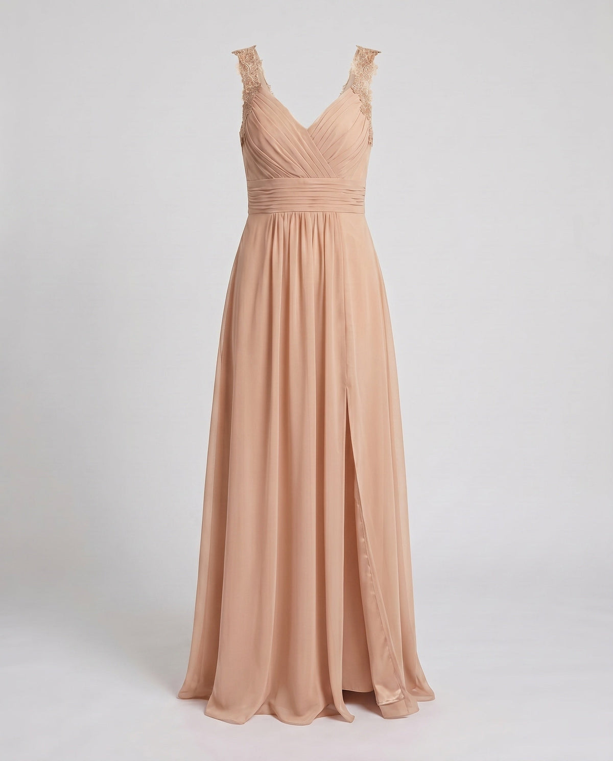 Vestido de noite feminino decote V longo com fenda lateral e pormenor de renda