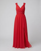 Vestido de noite feminino decote V longo com fenda lateral e pormenor de renda