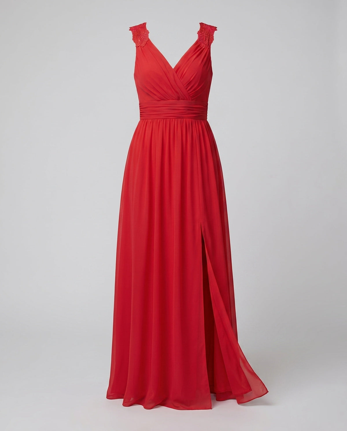 Vestido de noite feminino decote V longo com fenda lateral e pormenor de renda