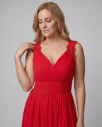 Vestido de noite feminino decote V longo com fenda lateral e pormenor de renda