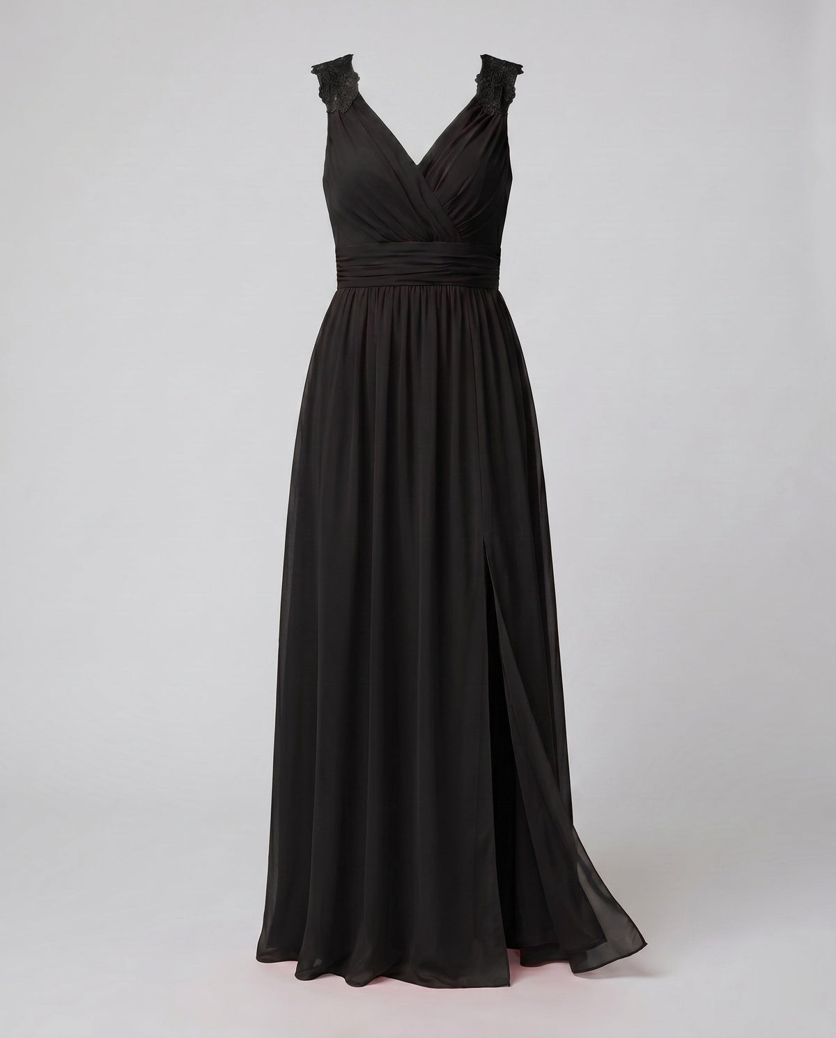 Vestido de noite feminino decote V longo com fenda lateral e pormenor de renda