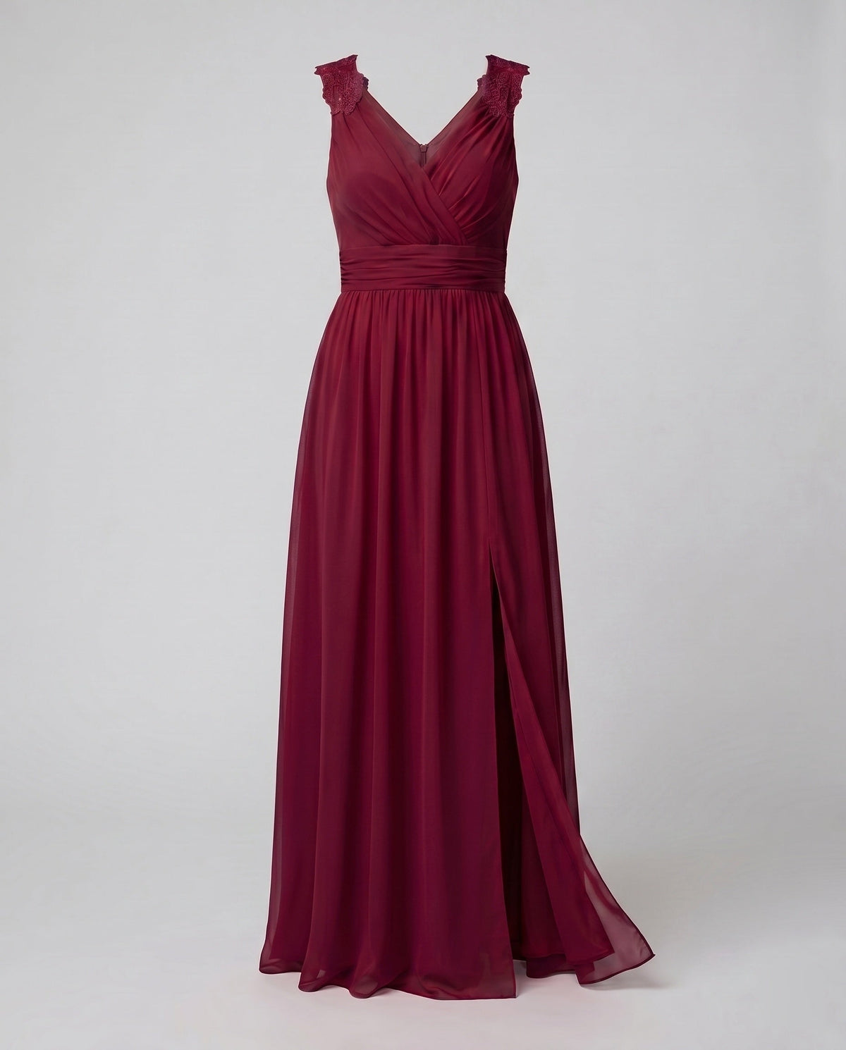 Vestido de noite feminino decote V longo com fenda lateral e pormenor de renda