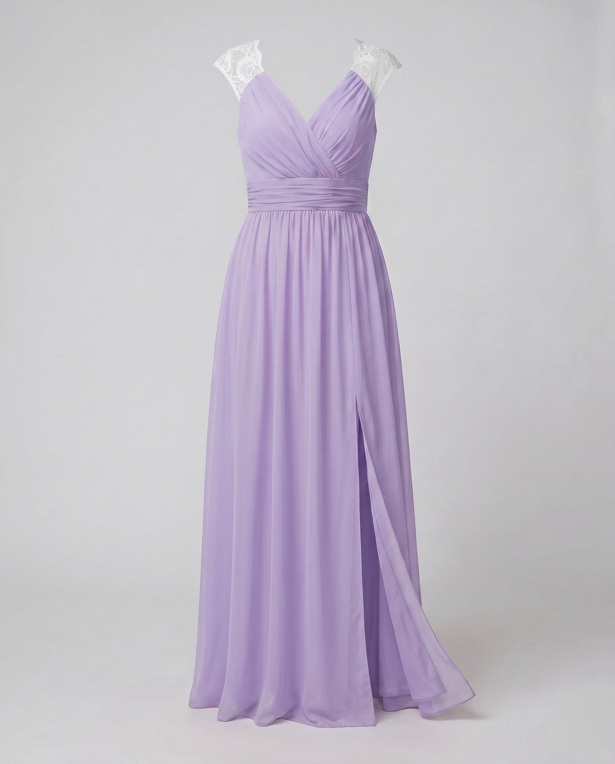 Vestido de noite feminino decote V longo com fenda lateral e pormenor de renda