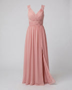 Vestido de noite feminino decote V longo com fenda lateral e pormenor de renda