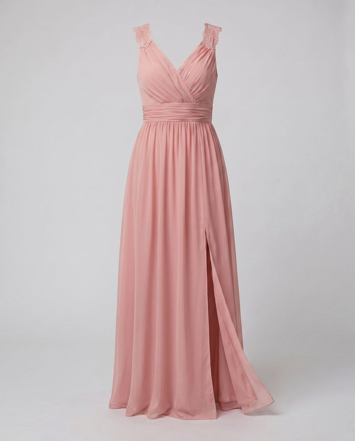 Vestido de noite feminino decote V longo com fenda lateral e pormenor de renda