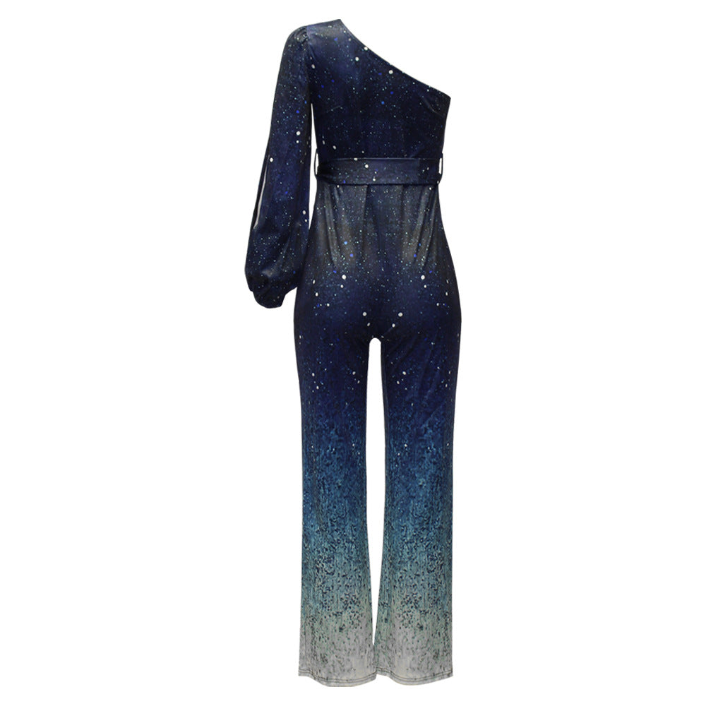 Macacão feminino ombro único disco retro perna larga ombré