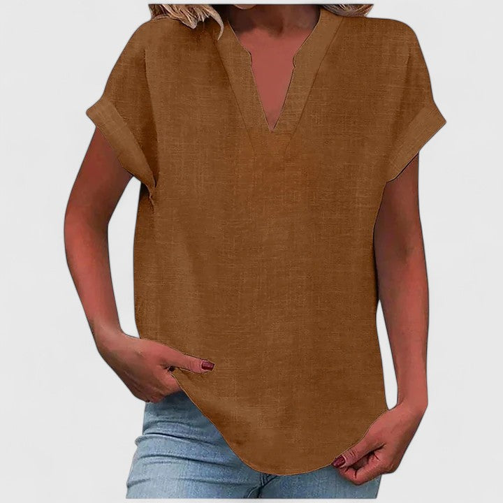 Blusa feminina manga curta decote V corte direito cores lisas