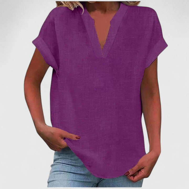 Blusa feminina manga curta decote V corte direito cores lisas