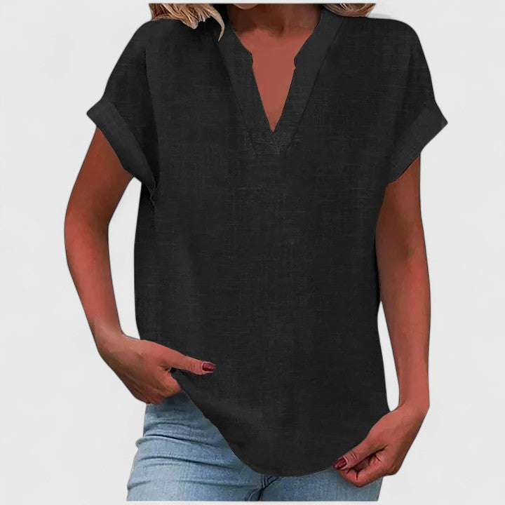 Blusa feminina manga curta decote V corte direito cores lisas