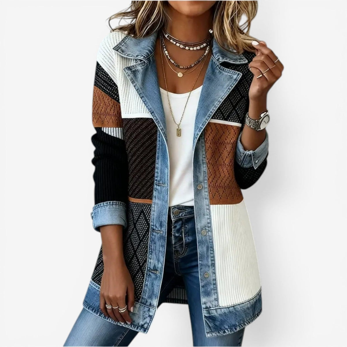 Casaco feminino malha canelada com recortes jeans no colar punhos e bainha estilo colorblock