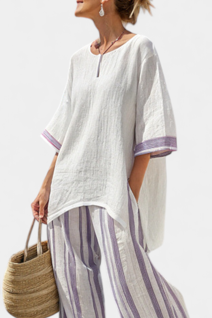 Conjunto feminino blusa longa fluida e calça perna larga listrada roxa