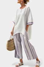 Conjunto feminino blusa longa fluida e calça perna larga listrada roxa