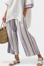 Conjunto feminino blusa longa fluida e calça perna larga listrada roxa