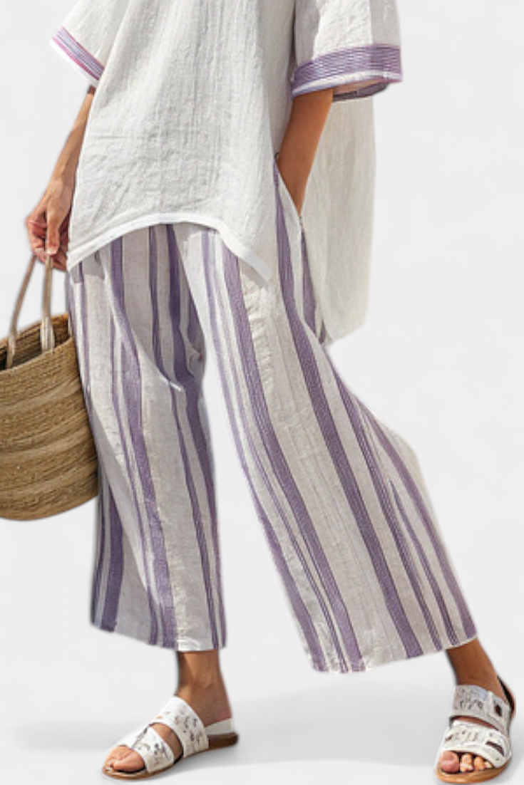 Conjunto feminino blusa longa fluida e calça perna larga listrada roxa