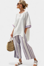 Conjunto feminino blusa longa fluida e calça perna larga listrada roxa