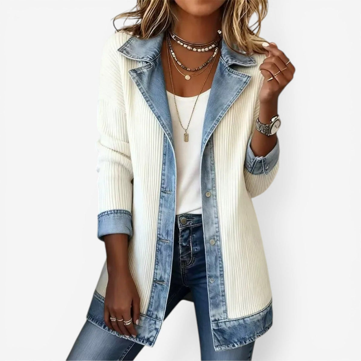 Casaco feminino malha canelada com recortes jeans no colar punhos e bainha estilo colorblock