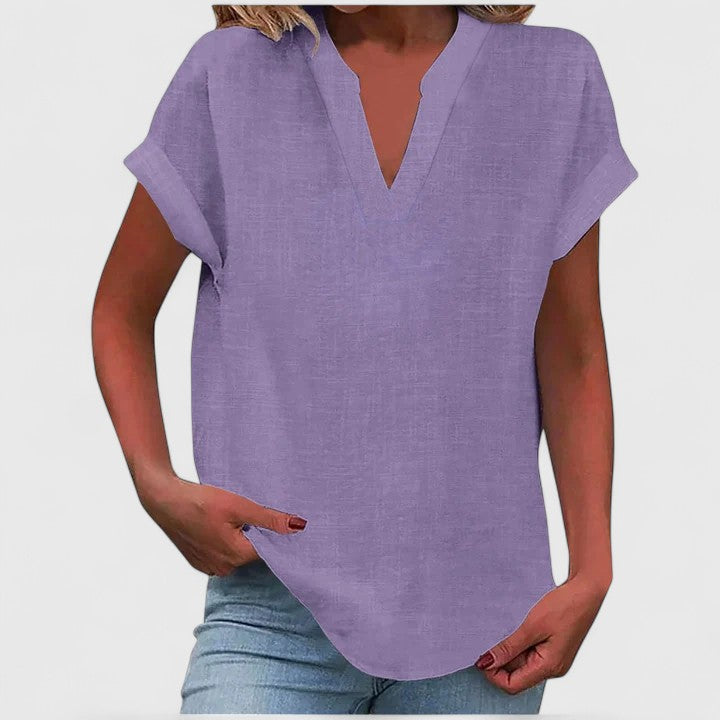 Blusa feminina manga curta decote V corte direito cores lisas