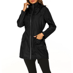 Casaco de chuva feminino com capuz integrado e fecho zip comprimento médio